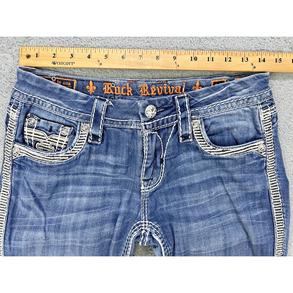 Rock Revival Jeans Womens 27x30 Kai Boot Thick Stitch Sequin Studs Perfect Fade - Picture 3 of 15